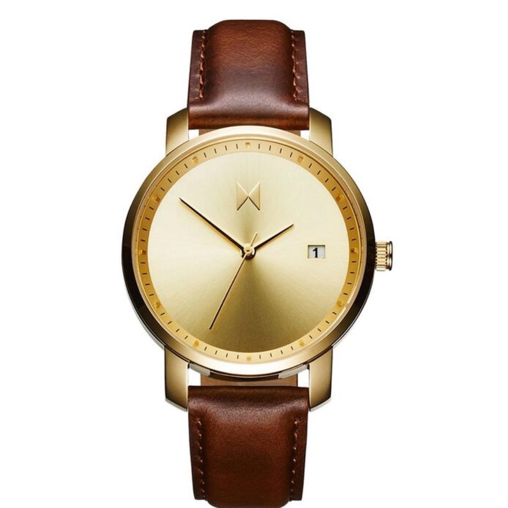 MVMT Watch, brown leather strap, gold face